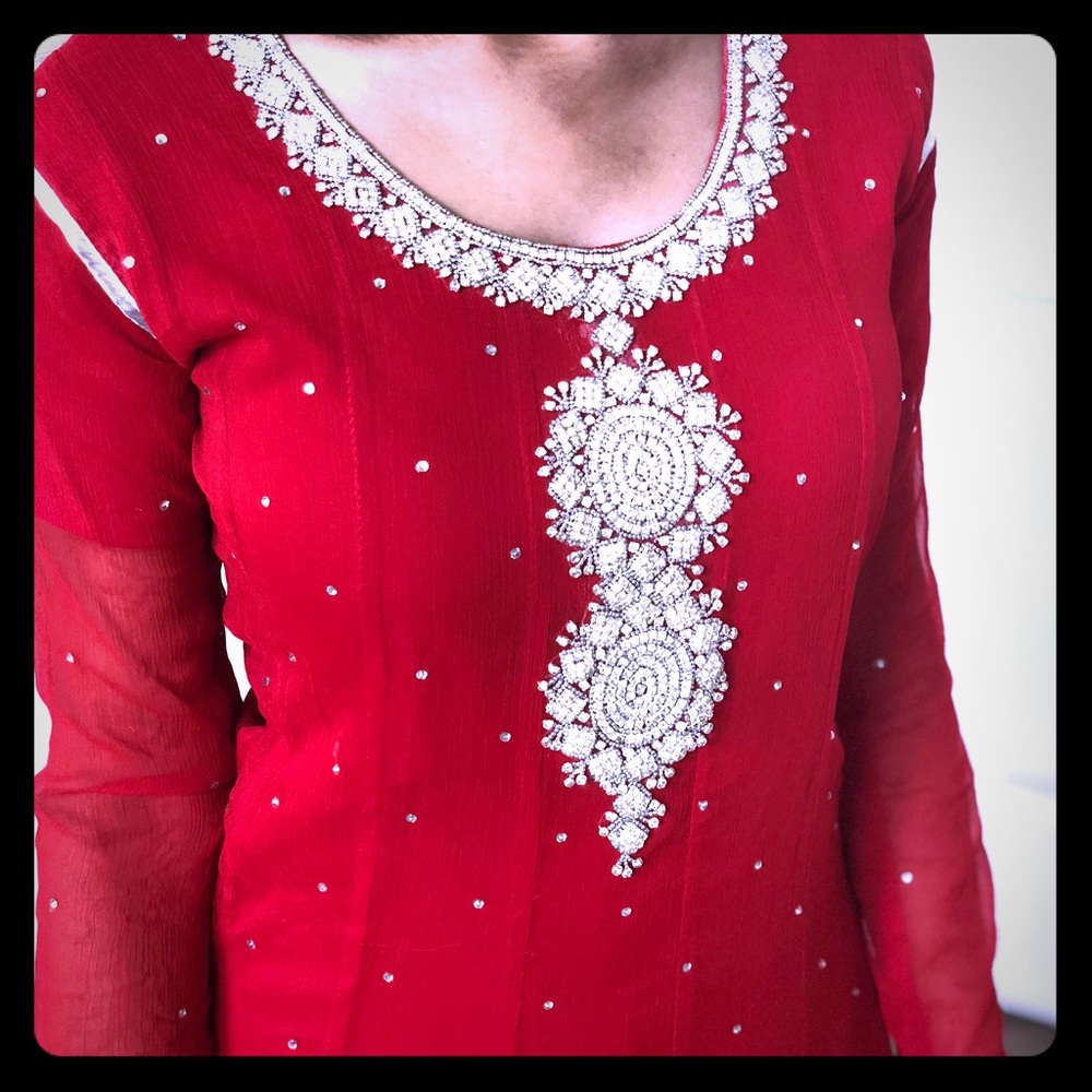 Red but simple Pakistani Dress